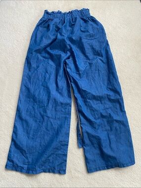Wide Leg Blue Linen-Blend Pants
